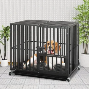 Heavy Duty 38 Inch Dog Crate with Wheels Portable Metal Dog Kennel Indoor Outdoor Three Doors Dual Door Locks Removable Tray