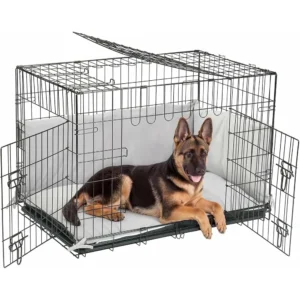 42 H Dog Crates For Large Dogs With Bumper-Three Doors Folding Metal Wire Dog Crate Cage, Indoor Outdoor Large Dog Crate With